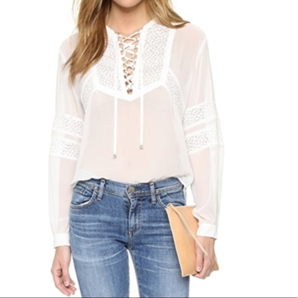 THE KOOPLES chiffon & plumetis peasant top S Blouse Long Sleeves Sheer
